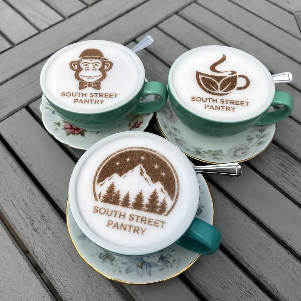Tres capuchinos con el logo de una marca impreso sobre la espuma, servidos en un evento