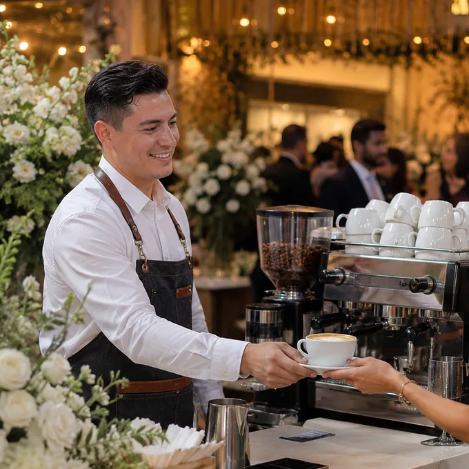 Estación de café premium montada por baristas para un evento en Bogotá