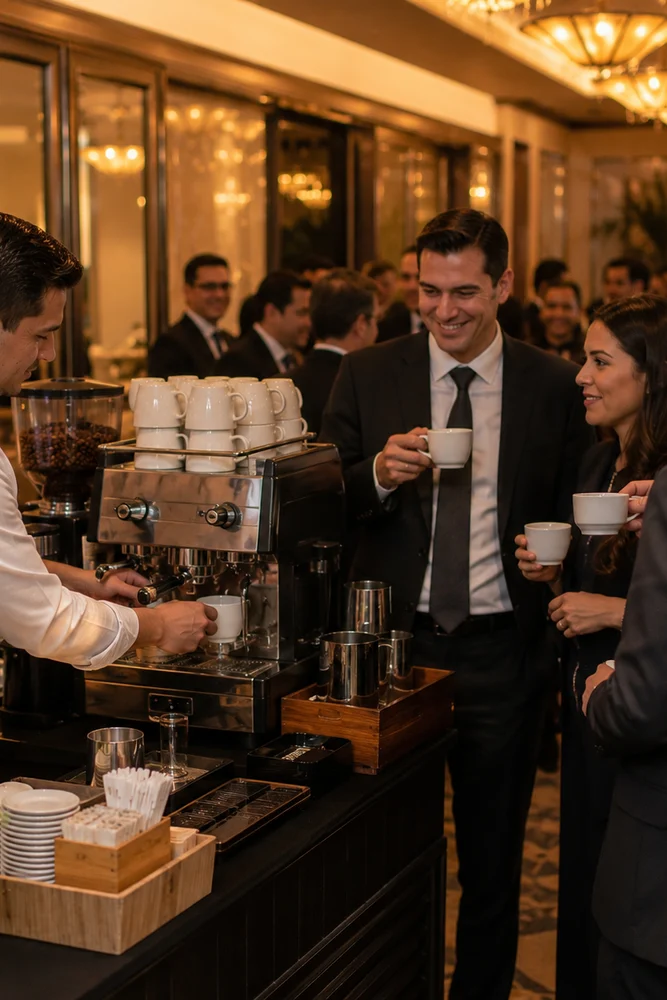 Barista preparando café de especialidad en un evento