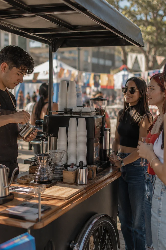 Carrito de café atendido por baristas en una activación de marca en Bogotá