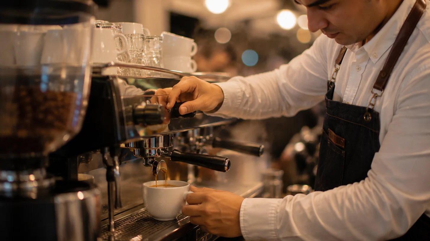 Estación de café con baristas atendiendo invitados en un evento en Bogotá