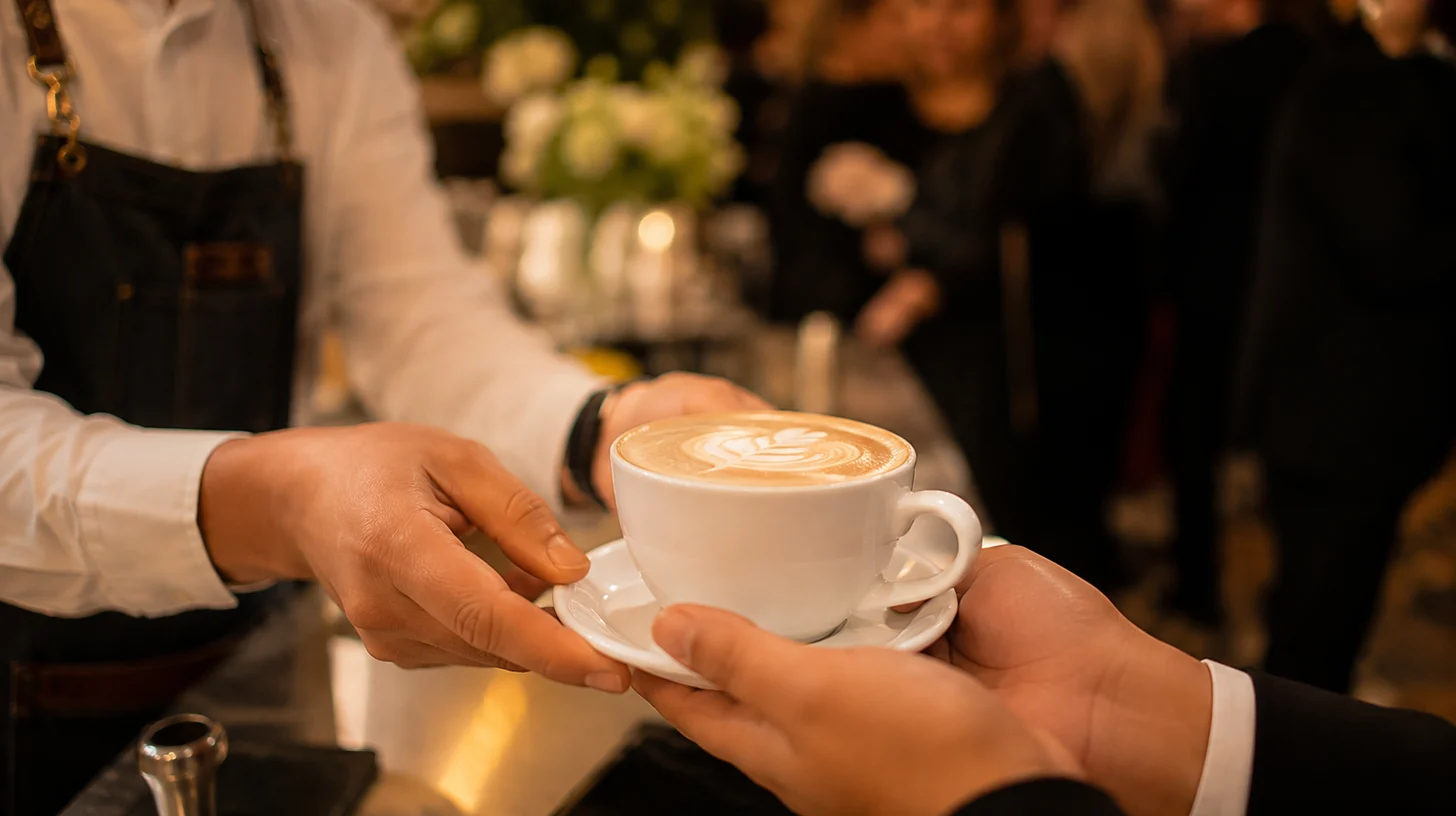 Barista sosteniendo un latte recién preparado
