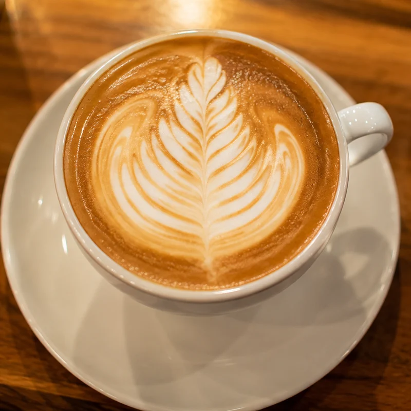 Arte latte en detalle sobre la espuma de un café recién preparado
