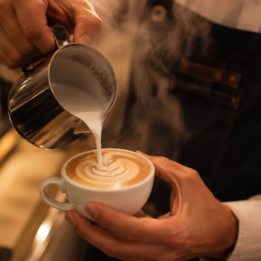 Detalle de un café servido por un barista en Bogotá