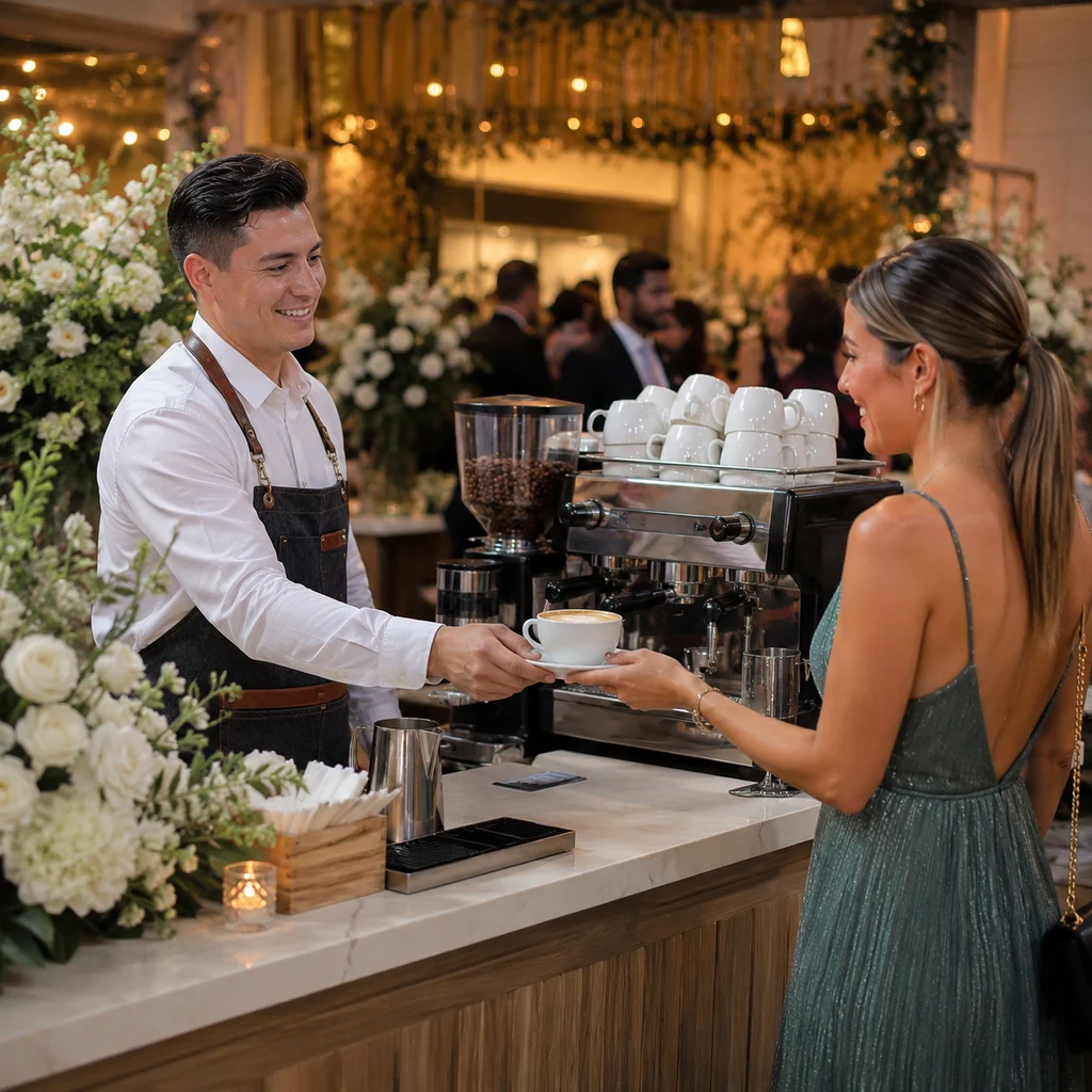Estación de café gourmet montada para una boda elegante en Bogotá